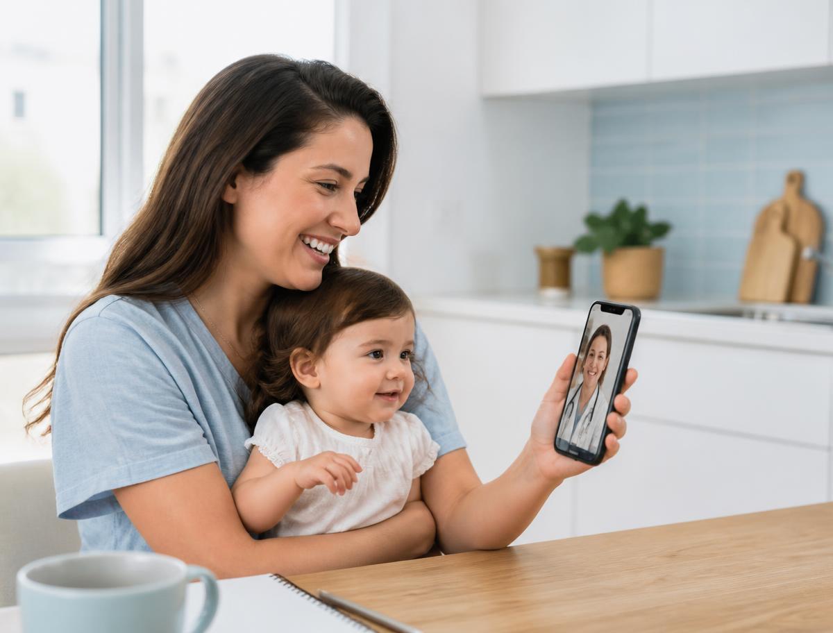 A mother holding her toddler while having a video visit with her doctor at home