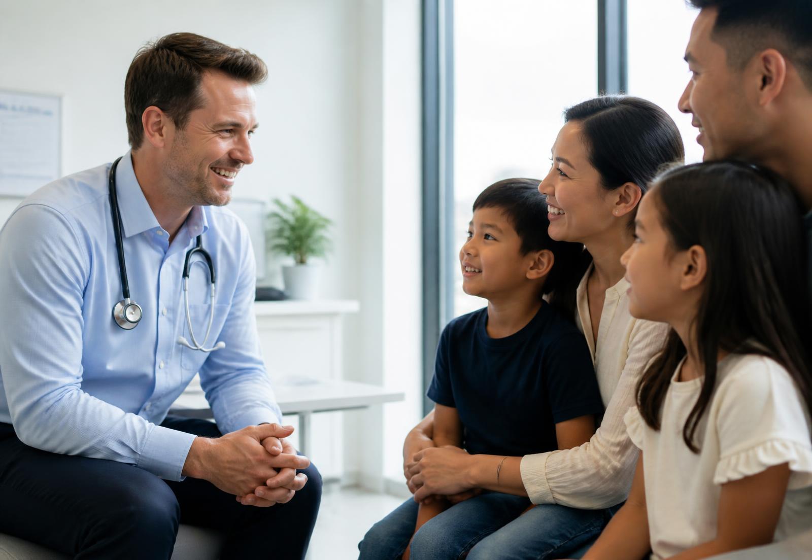 A family physician smiling while talking with a family in a bright clinic room
